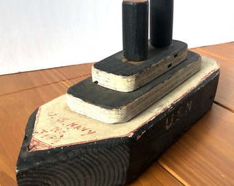 1965 Homemade & Handmade Wooden Toy, Navy Ship