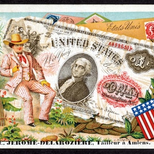 19. Jh. Handelskarte, American Gentleman, Briefmarken, Münzen der Vereinigten Staaten. Amiens Frankreich Bekleidungsladen