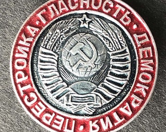 Vintage Zilver & Rood, USSR Perestrojka, Glasnost, Democratie pinback knop
