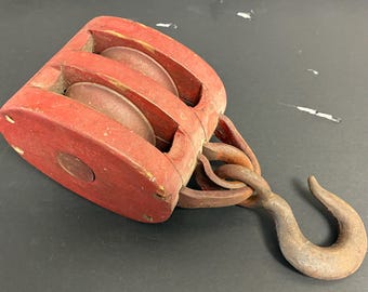 Vintage Red Painted Wood Block & Tackle
