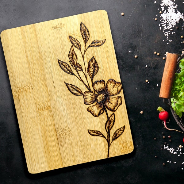 Dogwood flower and leaves bamboo cutting board - hand burned with delicate detail - upcycled and customizable