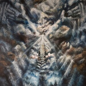 May include: An original painting on canvas depicting a stairway to heaven, with a dramatic sky of blues, whites, and browns. The artwork is signed and displayed on an easel. The painting is branded with the text "Imprint Paintings by Sarah Hayes."