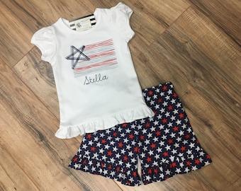 Girls Fourth of July Outfit, Girls Shorts Outfit, Girls Patriotic Outfit, Girls Flag Shirt, Girls American Outfit, Girls Personalized Shirt