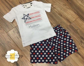 Boys Fourth of July Outfit, Boys Shorts Outfit, Boys Patriotic Outfit, Boys Flag Shirt, Star Shorts, American Outfit, Personalized Shirt