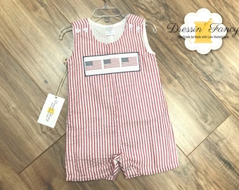 Boys Seersucker Patriotic Outfit, Infant Boys Fourth of July Jon Jon, Boys Flag Outfit, Baby Boy Seersucker Shortalls, Baby Boy Romper