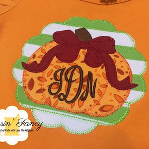 Girls Fall Pumpkin Outfit, Girls Fall Ruffle Pants Set, Monogram Pumpkin Shirt with Bow, Girls Monogram Pumpkin Shirt, Thanksgiving Outfit image 4