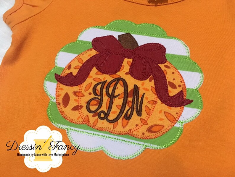 Girls Fall Pumpkin Outfit, Girls Fall Ruffle Pants Set, Monogram Pumpkin Shirt with Bow, Girls Monogram Pumpkin Shirt, Thanksgiving Outfit image 4