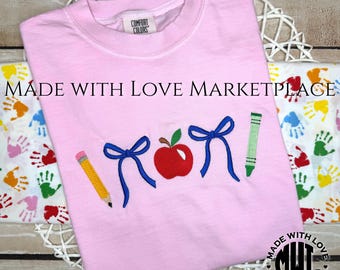 Back to School Embroidered Shirt, Apple and Coquette Bows Teacher Comfort Colors Shirt or Gildan Crewneck Sweatshirt