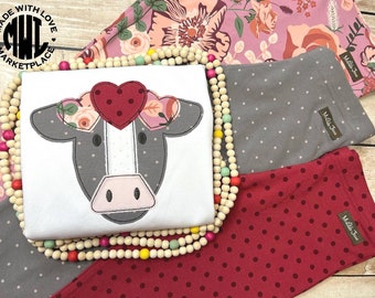 Girls Made to Match Cow with Hearts Shirt, Girls Valentine Cow with Hearts Ruffle Shirt, M2M MJ Valentine Shirt, M2M MJ Cow with Heart Shirt