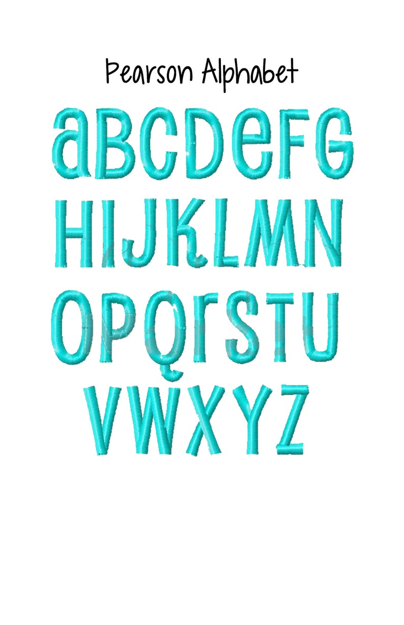 May include: A turquoise blue alphabet with the text "Pearson Alphabet" at the top.