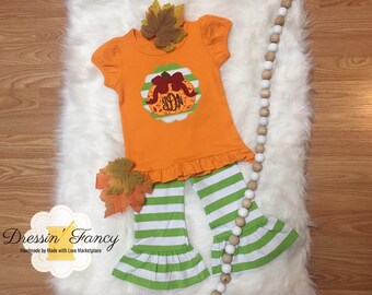 Girls Fall Pumpkin Outfit, Girls Fall Ruffle Pants Set, Monogram Pumpkin Shirt with Bow, Girls Monogram Pumpkin Shirt, Thanksgiving Outfit