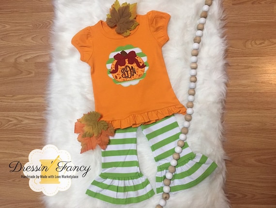 Girls Fall Pumpkin Outfit, Girls Fall Ruffle Pants Set, Monogram Pumpkin Shirt with Bow, Girls Monogram Pumpkin Shirt, Thanksgiving Outfit