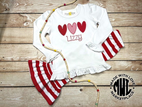 Girls Valentine's Day Outfit, Girls Valentine's Shirt, Girls Heart Shirt, Girls Ruffle Shirt, Girls Ruffle Pants, Girls Stripe Ruffle Pants