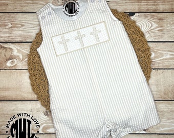Boys Seersucker Cross Jon Jon: Infant Baptism Outfit