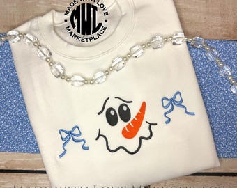 Snowman and Bows Embroidered Sweatshirt, Women's Christmas Snowman and Bows Gildan Crewneck, Coquette Bows and Snowman Sweatshirt
