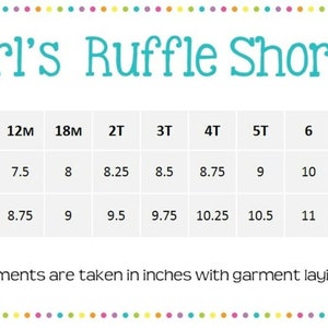 Puede incluir: Un gr&aacute;fico que muestra las medidas de cintura y longitud en pulgadas para pantalones cortos con volantes para ni&ntilde;as en tallas de 12M a 10. El texto "Girl's Ruffle Shorts" est&aacute; en la parte superior del gr&aacute;fico.