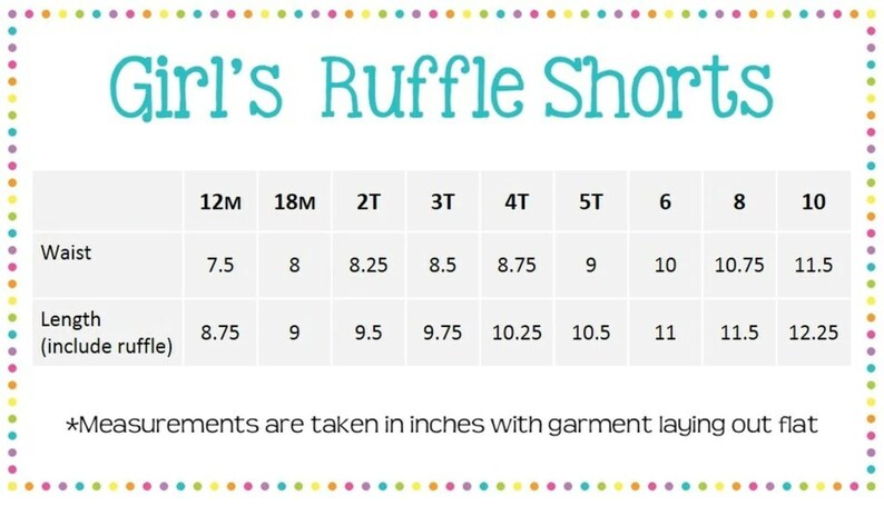 Puede incluir: Un gr&aacute;fico que muestra las medidas de cintura y longitud en pulgadas para pantalones cortos con volantes para ni&ntilde;as en tallas de 12M a 10. El texto "Girl's Ruffle Shorts" est&aacute; en la parte superior del gr&aacute;fico.