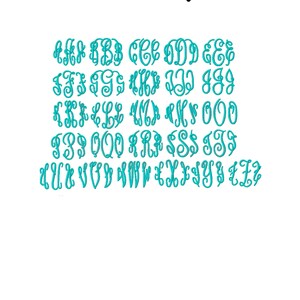 K&ouml;nnte beinhalten: Ein Satz Gro&szlig;buchstaben in einer kursiven Schriftart in t&uuml;rkisfarbener Farbe. Die Buchstaben sind in alphabetischer Reihenfolge angeordnet, wobei jeder Buchstabe in einem separaten Monogrammstil angezeigt wird. Der Text "Grand Monogram" wird oben im Bild angezeigt.