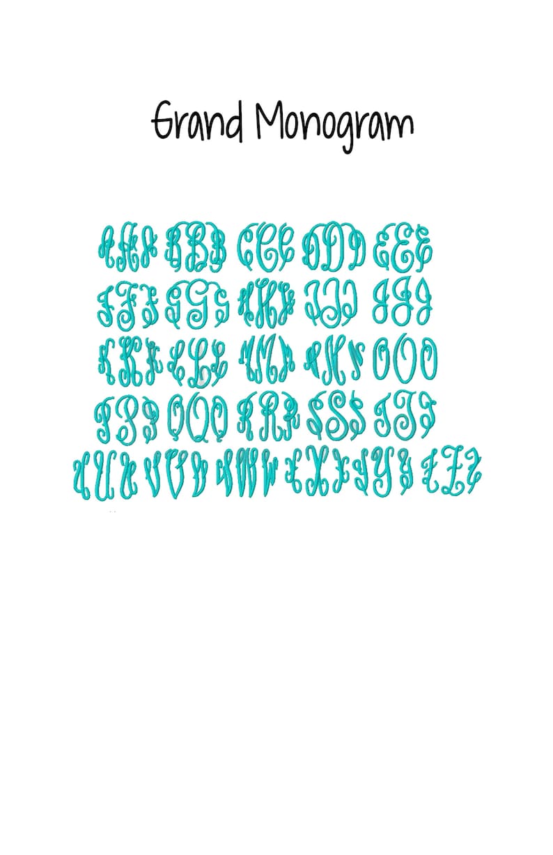 K&ouml;nnte beinhalten: Ein Satz Gro&szlig;buchstaben in einer kursiven Schriftart in t&uuml;rkisfarbener Farbe. Die Buchstaben sind in alphabetischer Reihenfolge angeordnet, wobei jeder Buchstabe in einem separaten Monogrammstil angezeigt wird. Der Text "Grand Monogram" wird oben im Bild angezeigt.