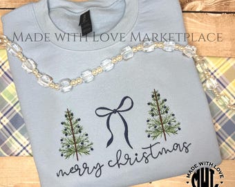 Merry Christmas Trees and Bow Embroidered Sweatshirt, Women's Merry Christmas Trees and Bow Crewneck, Coquette Bow and Trees Sweatshirt