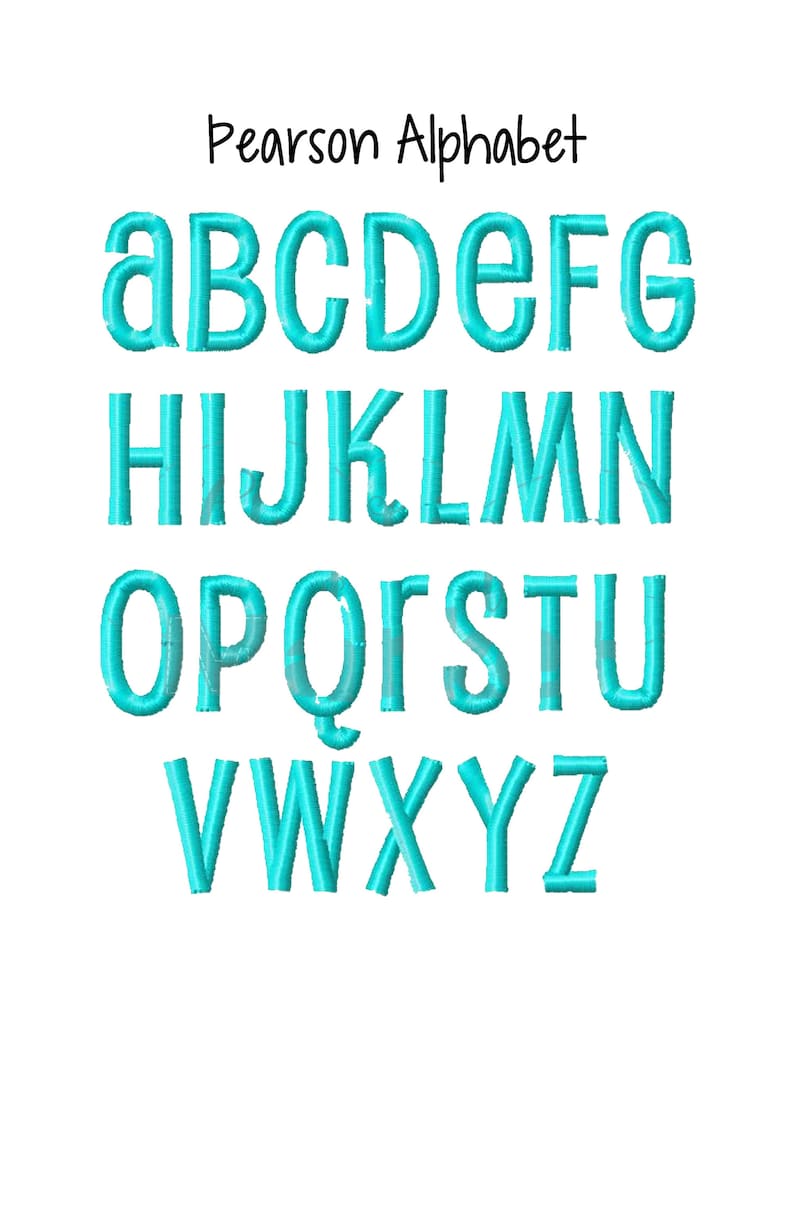 Pu&ograve; includere: Un alfabeto blu turchese con il testo "Pearson Alphabet" in alto.