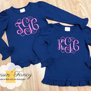 Girls Embroidered Monogram Ruffle Shirt: Personalized Long Sleeve