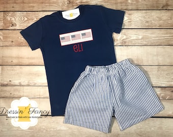 Boys Seersucker Fourth of July Outfit, Boys Patriotic Shorts Outfit, Boys Flag Shirt, Boys Fourth of July Shirt, Boys Seersucker Shorts