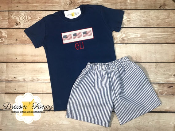 Boys Seersucker Fourth of July Outfit, Boys Patriotic Shorts Outfit, Boys Flag Shirt, Boys Fourth of July Shirt, Boys Seersucker Shorts