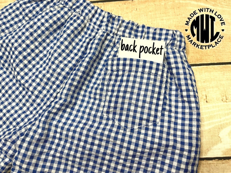 May include: Blue and white gingham shorts with a back pocket and a label that says "back pocket".