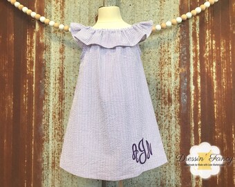 Girls Monogram Seersucker Dress, Girls Ruffle Dress, Girls Seersucker Ruffle Dress, Girls Monogram Beach Dress, Girls Monogram Summer Dress