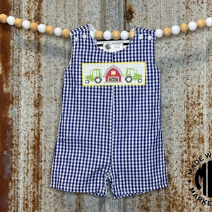 Boys Gingham Check Tractor Outfit, Infant Boys Gingham Check Tractor Jon Jon, Boys Farm Birthday Outfit, Boys Shortalls, Boys Romper