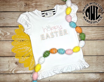Girls Happy Easter camisa bordada, Girls Happy Easter camisa bordada con volantes, camisa de Pascua, camisa de primavera, camisa de conejito, camisa de monograma