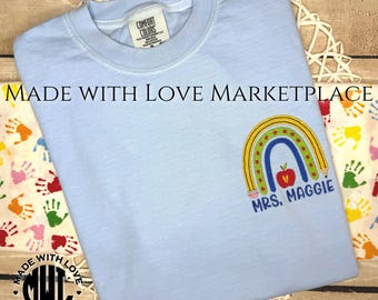 Personalized Apple Rainbow Teacher Embroidered Shirt, Back to School Comfort Colors Shirt or Gildan Crewneck Sweatshirt