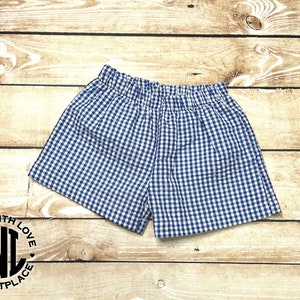 May include: Blue and white gingham shorts with an elastic waistband.