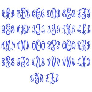 May include: A blue cursive alphabet in a monogram style. Each letter is displayed with a flowing, decorative design. The letters are arranged in rows and columns, showcasing the complete set from A to Z. The font is elegant.