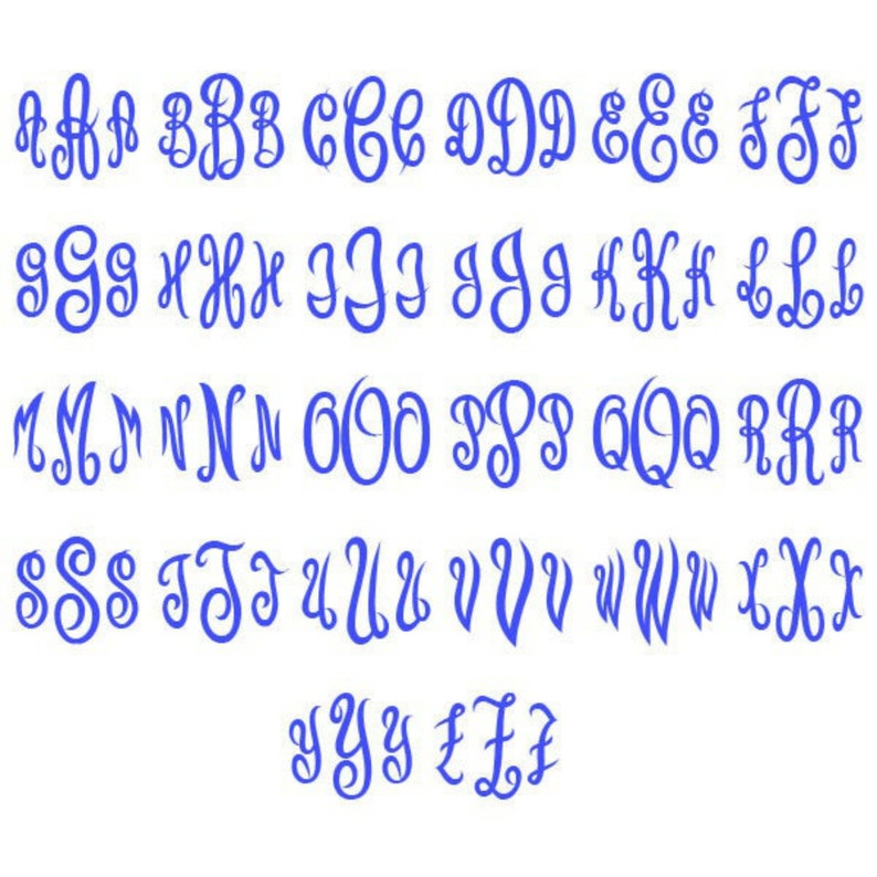 May include: A blue cursive alphabet in a monogram style. Each letter is displayed with a flowing, decorative design. The letters are arranged in rows and columns, showcasing the complete set from A to Z. The font is elegant.