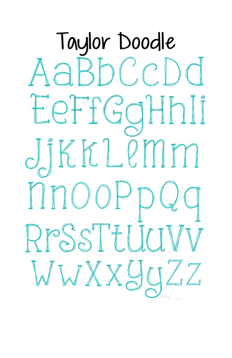 Puede incluir: Un alfabeto azul turquesa con un estilo de garabato dibujado a mano. Las letras est&aacute;n delineadas con una l&iacute;nea fina de color azul oscuro. El texto "Taylor Doodle" est&aacute; en la parte superior de la imagen.
