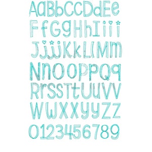 May include: A whimsical alphabet and number set in a teal blue colour. The letters and numbers are outlined in a double line and have a slightly distressed look. The text "Whimsey Block Doodle" is at the top of the image.