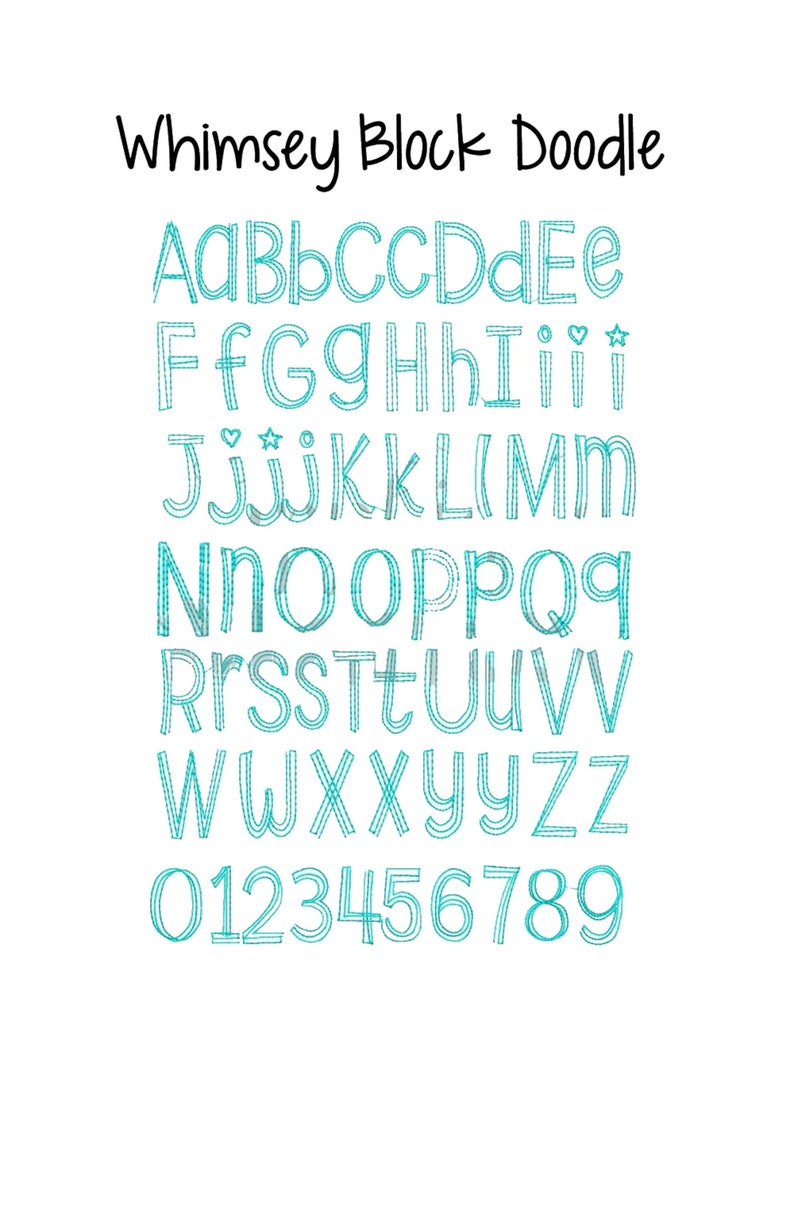 May include: A whimsical alphabet and number set in a teal blue colour. The letters and numbers are outlined in a double line and have a slightly distressed look. The text "Whimsey Block Doodle" is at the top of the image.