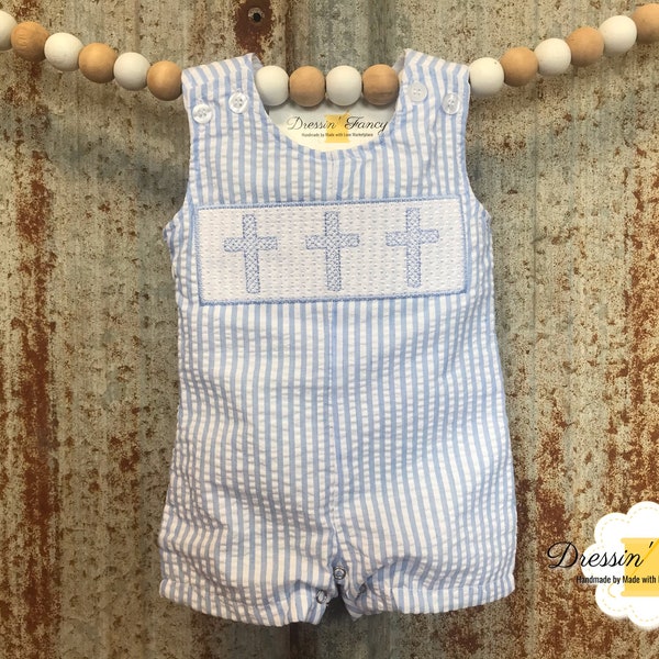 Boys Seersucker Baptism Outfit, Infant Boys Cross Jon Jon, Boys Faux Smock Baptism Outfit, Baby Boy Seersucker Shortalls, Baby Boy Romper