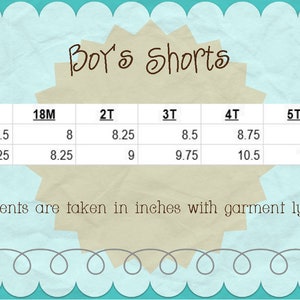 May include: A chart showing boys' shorts sizes in inches. The chart includes sizes from 12 months to 6 years old. The chart shows the waist and length measurements for each size.