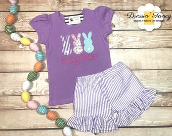 Easter Bunny Trio, Girls Easter Outfit, Girls Easter Shirt, Seersucker Easter Outfit, Easter Bunny Shirt, Girls Seersucker Ruffle Shorts