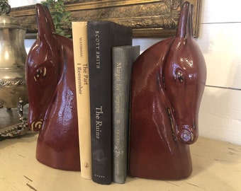 Set of 2 Anette Edmark Style Horse Bookends Terracotta Red Ceramic Glazed