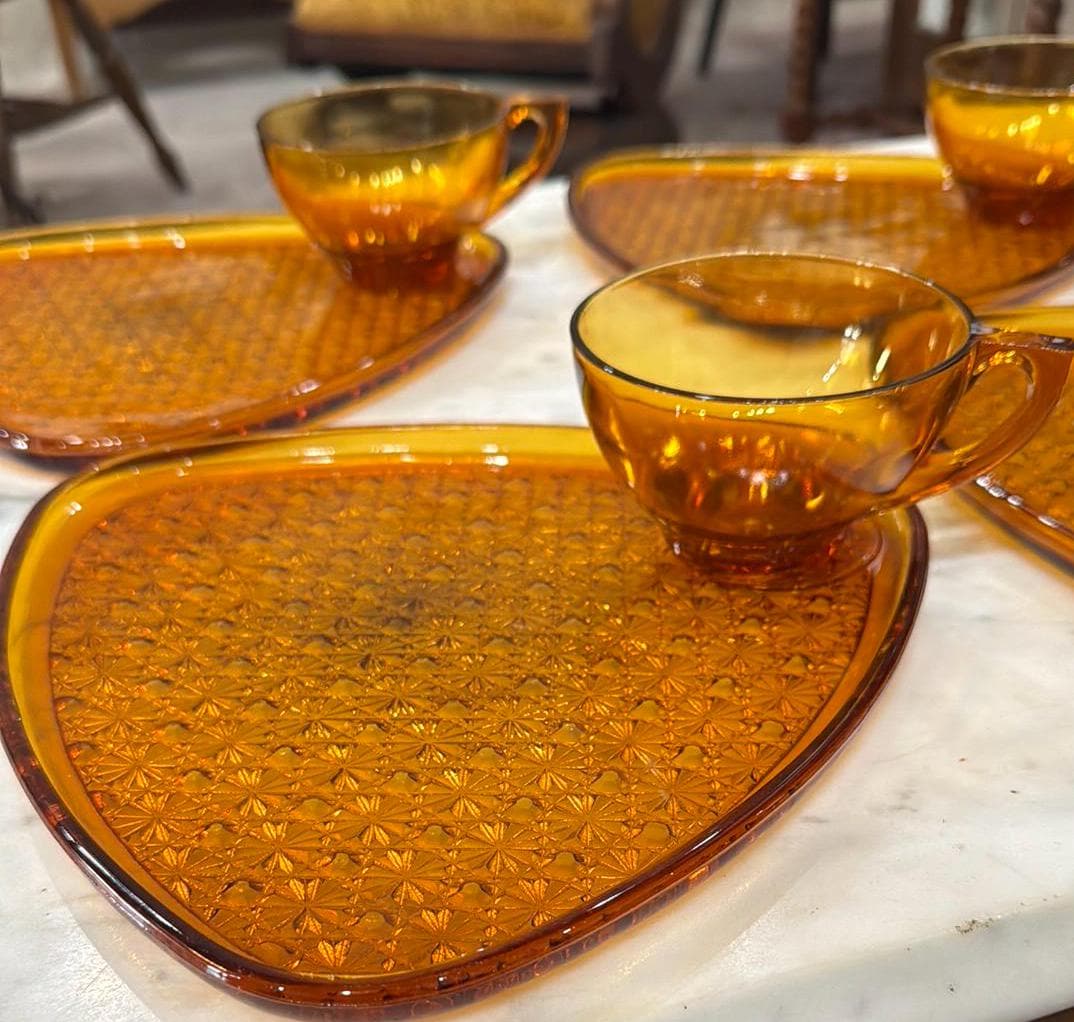 Vintage Triangle Amber Anchor Hocking Daisy Button Snack Plate
