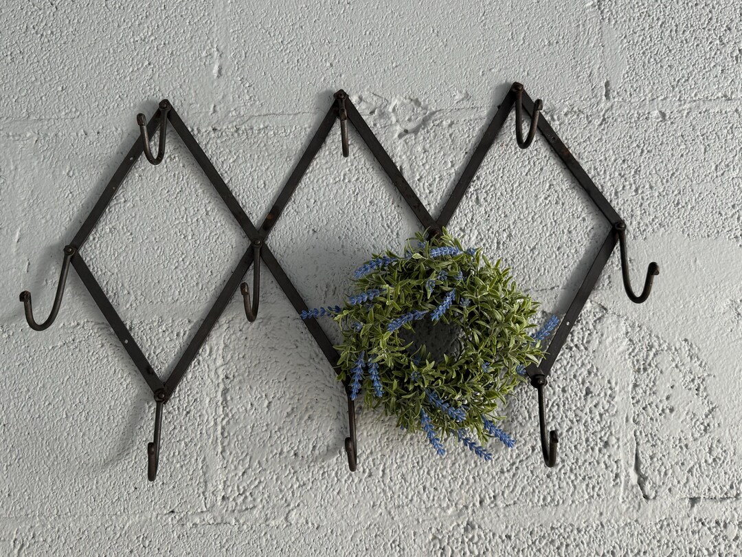 Vintage Folding Hand Forged Iron Metal Expending Accordion Rack W/ 10 ...