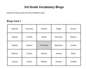 third grade, Vocabulary, Bingo cards
