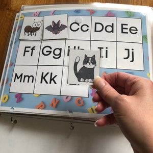May include: A blue and white alphabet learning chart with a black and white cat picture, a black bat picture, and a brown ant picture. The letters on the chart are C, D, E, F, G, H, I, J, K, L, M, N, O, P, Q, R, S, T, U, V, W, X, Y, and Z.