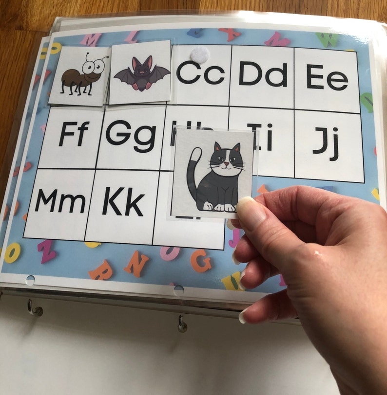 May include: A blue and white alphabet learning chart with a black and white cat picture, a black bat picture, and a brown ant picture. The letters on the chart are C, D, E, F, G, H, I, J, K, L, M, N, O, P, Q, R, S, T, U, V, W, X, Y, and Z.