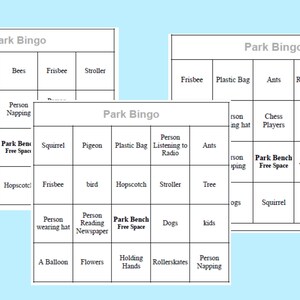 Può includere: Tre schede di bingo stampabili con un tema da parco. Ogni scheda ha uno spazio libero e 24 caselle con diversi elementi legati al parco come scoiattoli, piccioni, persone con cappelli e una panchina da parco.
