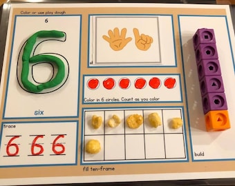 Number mats, 14 pages, 10 mats, Play dough number, ten frame, trace the number, count color it, show with fingers, build it, color it,